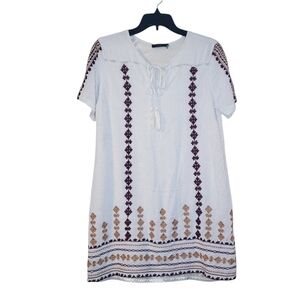 THML Boho Tasseled Embroidered Beige Mini Dress